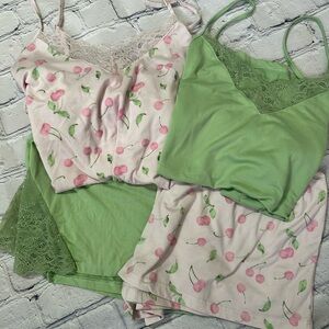 Cherry Print Mix and Match Green Lace Sleepwear Set